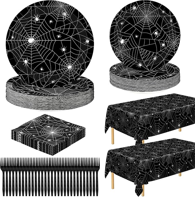30 Sets Halloween Decorations, 9" and 7" Paper Spider Web Party Supplies - skull plate