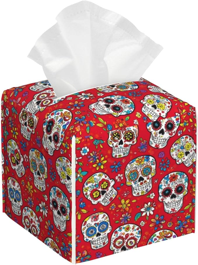 Sugar Skulls Colorful Floral Tissue Box Cover Square, Waterproof Leather Tissue Box Holder Portable Dispenser Modern Home Decoration for Bathroom Car Nightstand Vanity - skull toilet paper