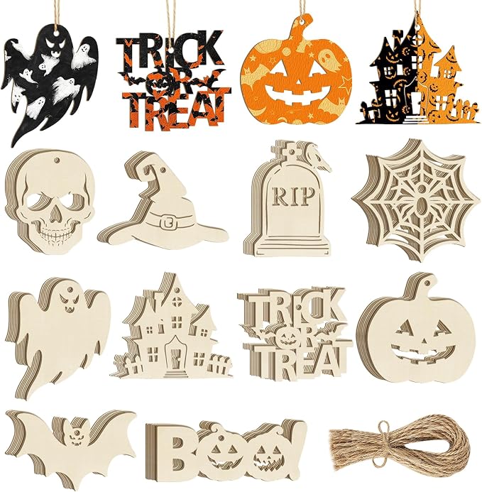 80PCS Wooden Halloween Ornaments to Paint Fall Decorations,10 Styles DIY Blank Autumn Unfinished Wood Skull Pumpkin Ghost Bat Boo Trick or Treat Halloween Cutouts Ornament for Crafts Party Hanging - skull painting