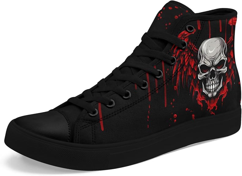 Mens Womens Gothic Skull Rose High Top Canvas Sneakers Punk Rock Floral Cool Lace-Up Casual Shoes Edgy Streetwear Aesthetic - sugar skull boots