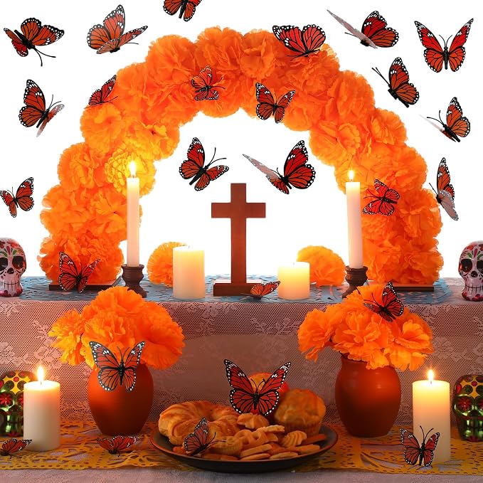 Yalikop 28 Pcs Day of The Dead Marigold Decor, Dia De Los Muertos Ofrenda - skull wreath
