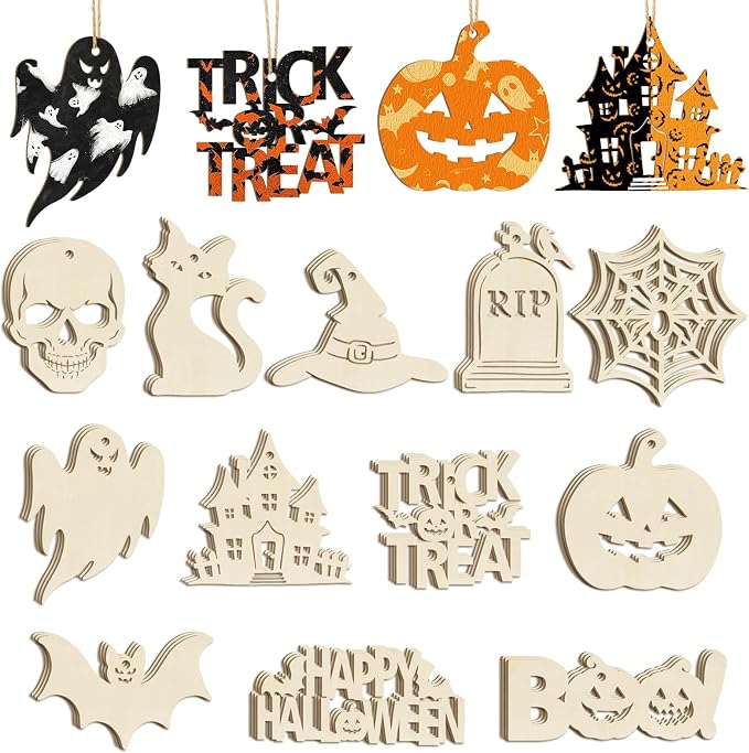 36PCS Wooden Halloween Ornaments to Paint Fall Decorations, 12 Styles DIY Blank Autumn Unfinished Wood Skull Pumpkin Ghost Bat Boo Trick or Treat Halloween Cutouts Ornament for Crafts Party Hanging - skull painting