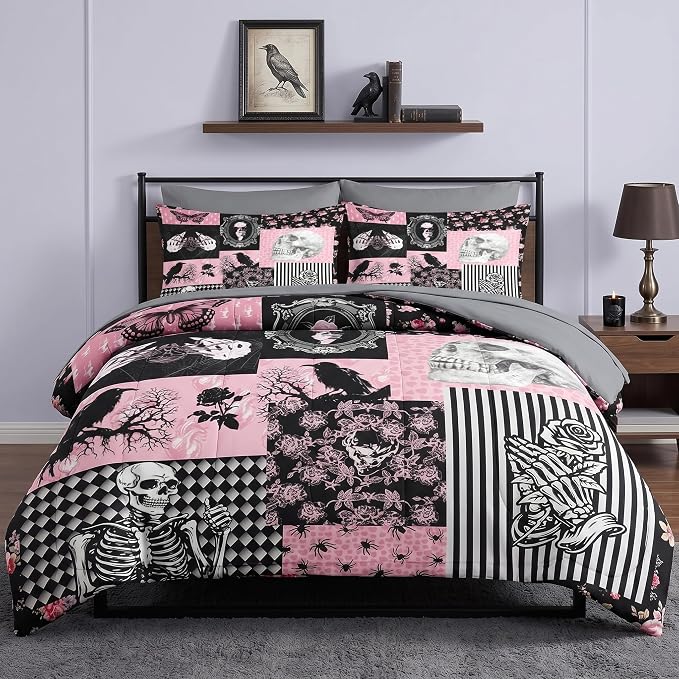 Pamnest Queen Halloween Comforter Set with Sheets, 7 Pieces Pink Bedding