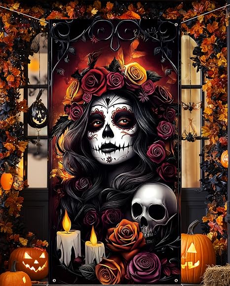 Dia De Los Muertos Decorations Door Cover Day of The Dead Sugar Skull Altar Mexican Fiesta Party Decorations Favors Supplies for Home Gothic Halloween Decor - skull door mat