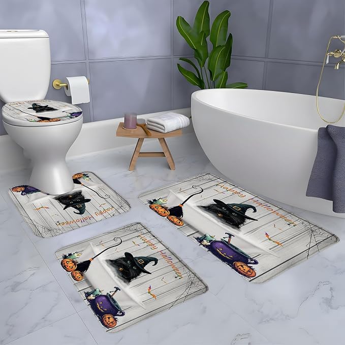 4 Piece Bathroom Rugs Set Halloween Black Cat Bath Mat Gothic Spooky Horror Pumpkin Bat Spider Web Witch Hat Day of the Dead Rustic Farmhouse Wooden Fall Kitchen Bedroom Doormat Laundry Toilet Doormat - skull toilet mat