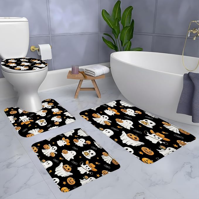 4 Piece Bathroom Rugs Set Halloween Ghost Bath Mat Funny Pumpkin Spooky Cute Bat Trick or Treat Fall Thanksgiving Autumn Day of The Dead Black Kitchen Bedroom Doormat Laundry Toilet Doormat - skull toilet mat