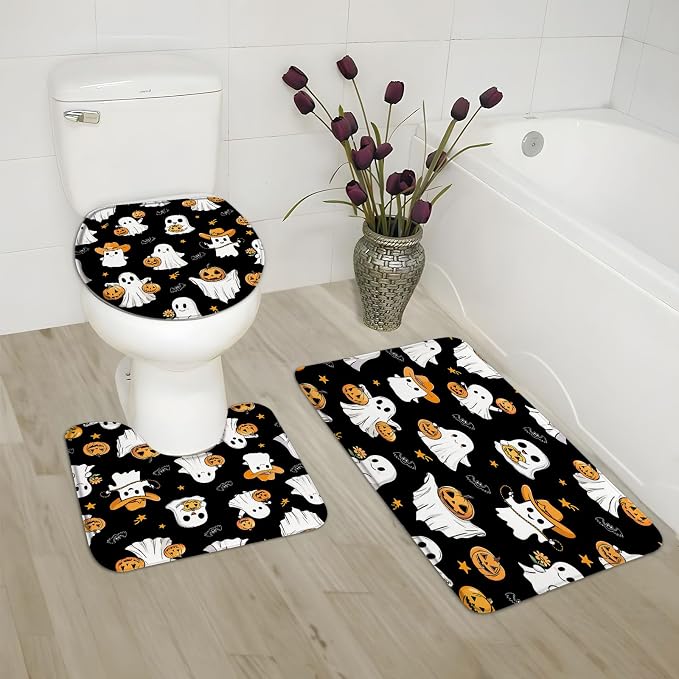 3 Piece Set Halloween Ghost Bathroom Rugs Funny Pumpkin Spooky Cute Bat Trick or Treat Fall Thanksgiving Autumn Day of The Dead Black Bath Mat Bedroom Toilet Floor Doormat - skull toilet mat