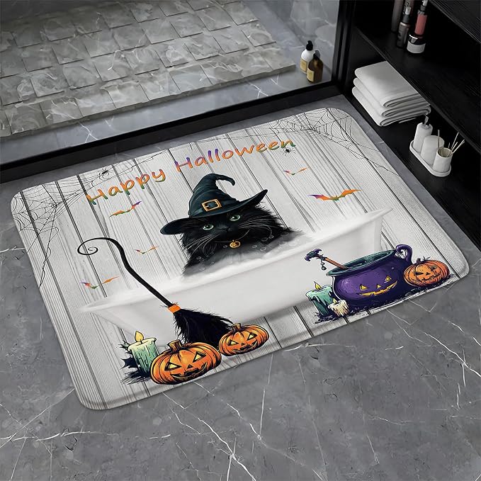 Halloween Black Cat Bath Mat Gothic Spooky Horror Pumpkin Bat Spider Web Witch Hat Day of The Dead Rustic Farmhouse Wooden Fall Bathroom Rugs Kitchen Toilet Floor Doormat 16x24 - skull floor mat