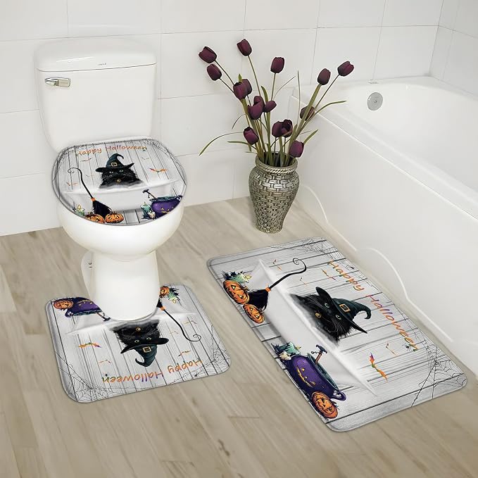 3 Piece Set Halloween Black Cat Bathroom Rugs Gothic Spooky Horror Pumpkin Bat Spider Web Witch Hat Day of The Dead Rustic Farmhouse Wooden Fall Bath Mat Bedroom Toilet Floor Doormat - skull toilet mat