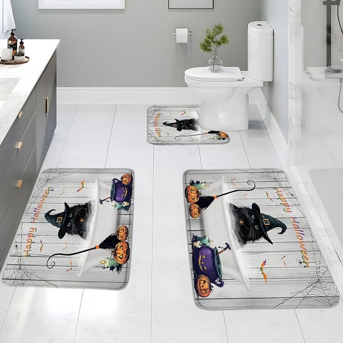 3 Piece Set Halloween Black Cat Bath Mat Gothic Spooky Horror Pumpkin Bat Spider Web Witch Hat Day of The Dead Rustic Farmhouse Wooden Fall Bathroom Rugs Toilet Bedroom Laundry Kitchen Doormat - skull toilet mat