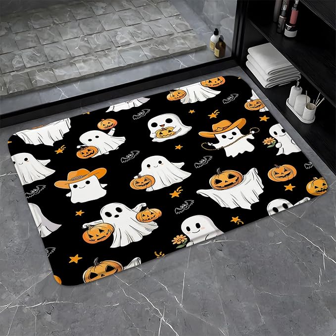 Halloween Ghost Bath Mat Funny Pumpkin Spooky Cute Bat Trick or Treat Fall Thanksgiving Autumn Day of The Dead Black Bathroom Rugs Kitchen Toilet Floor Doormat 24x47 - skull toilet mat