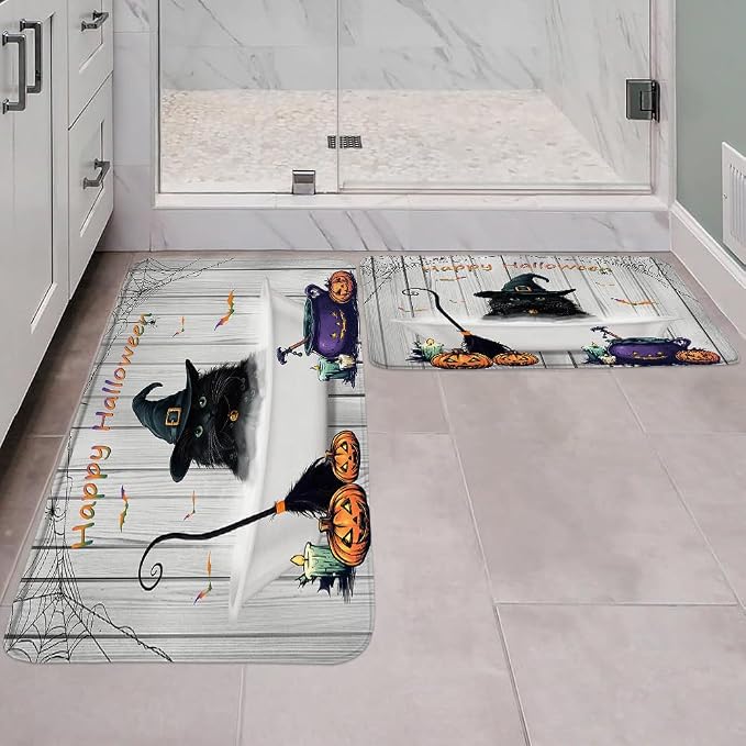 2 Piece Set Halloween Black Cat Bathroom Rugs Gothic Spooky Horror Pumpkin Bat Spider Web Witch Hat Day of The Dead Rustic Farmhouse Wooden Fall Bath Mat Bedroom Toilet Floor Doormat - skull toilet mat