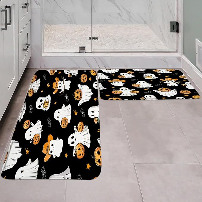 2 Piece Set Halloween Ghost Bathroom Rugs Funny Pumpkin Spooky Cute Bat Trick or Treat Fall Thanksgiving Autumn Day of The Dead Black Bath Mat Bedroom Toilet Floor Doormat - skull toilet mat