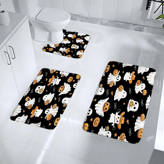 3 Piece Set Halloween Ghost Bath Mat Funny Pumpkin Spooky Cute Bat Trick or Treat Fall Thanksgiving Autumn Day of The Dead Black Bathroom Rugs Toilet Bedroom Laundry Kitchen Doormat - skull toilet mat
