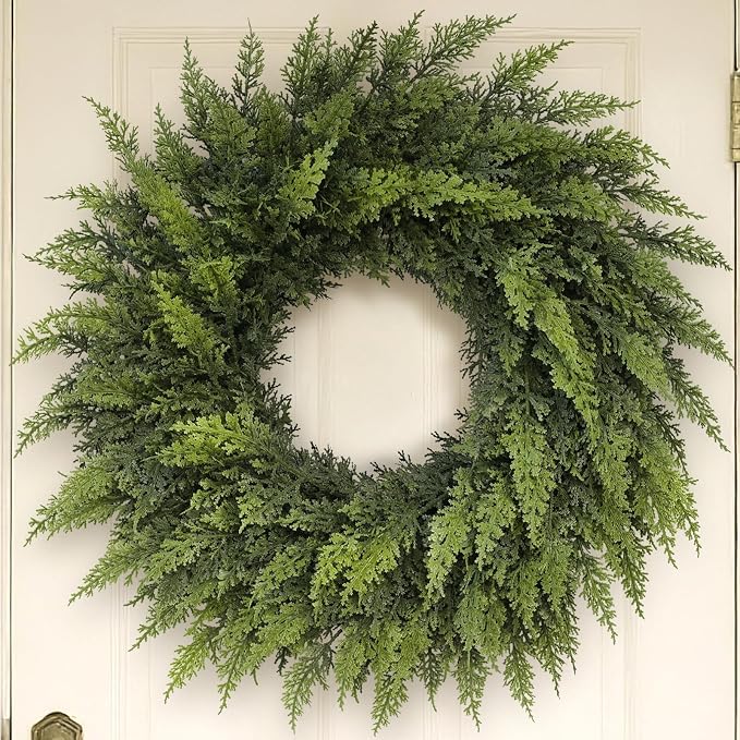24" Lifelike Touch Artificial Christmas Cedar Wreath for Front Door Decor - skull wreath
