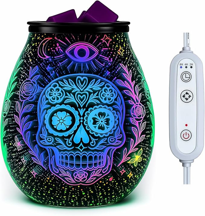 Leyoue 3D Glass Fireworks Electric Wax Melt Warmer with PTC Heating Plate 7 Colors LED Changing Light Wax Burner Melter Fragrance Warmer for Home (Skull Head) - skull candle