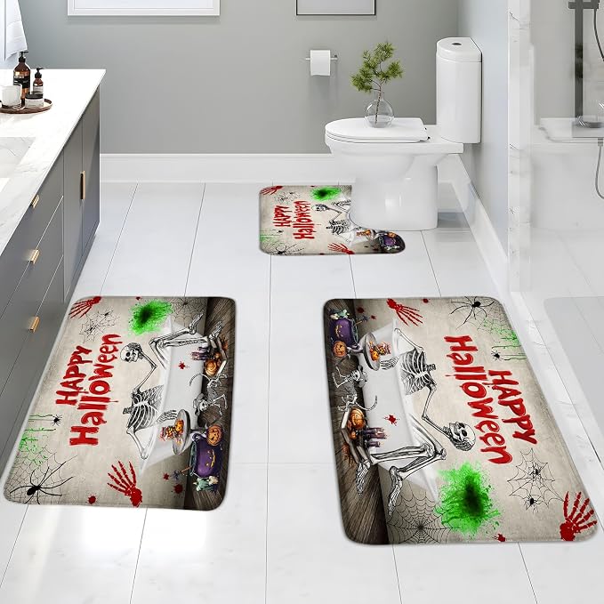 3 Piece Set Halloween Skull Skeleton Bath Mat Funny Cool Fall Pumpkin Spooky Cat Spider Web Gothic Day of The Dead Bathroom Rugs Toilet Bedroom Laundry Kitchen Doormat - skull toilet mat