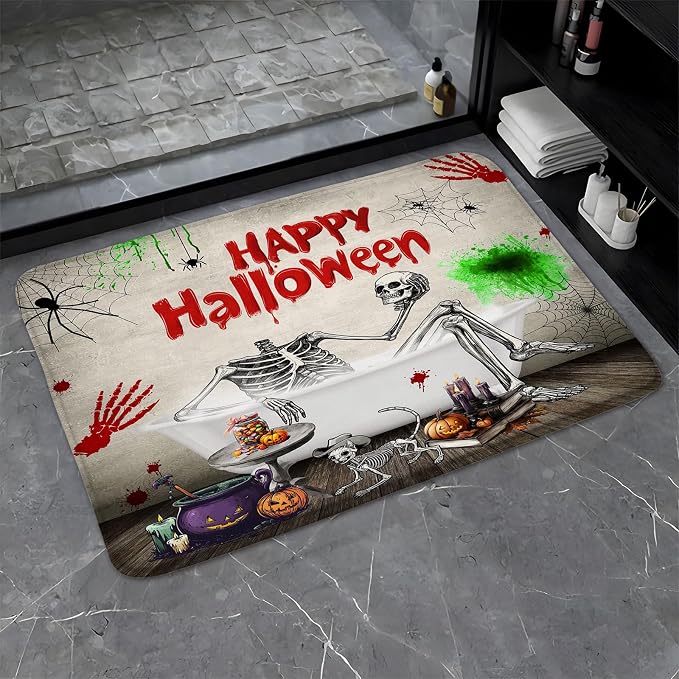 Halloween Skull Skeleton Bath Mat Funny Cool Fall Pumpkin Spooky Cat Spider Web Gothic Day of The Dead Bathroom Rugs Kitchen Toilet Floor Doormat 16x24 - skull toilet mat
