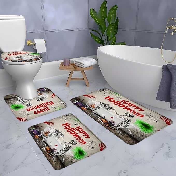 4 Piece Bathroom Rugs Set Halloween Skull Skeleton Bath Mat Funny Cool Fall Pumpkin Spooky Cat Spider Web Gothic Day of The Dead Kitchen Bedroom Doormat Laundry Toilet Doormat - skull toilet mat