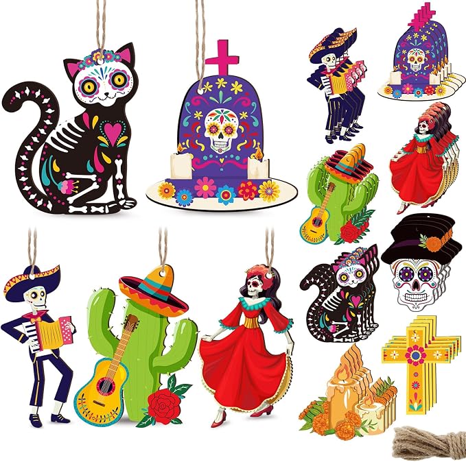 Chunful 32 Pcs Dia De Los Muertos Ornaments Day of The Dead Wooden Decor - sugar skull ornament