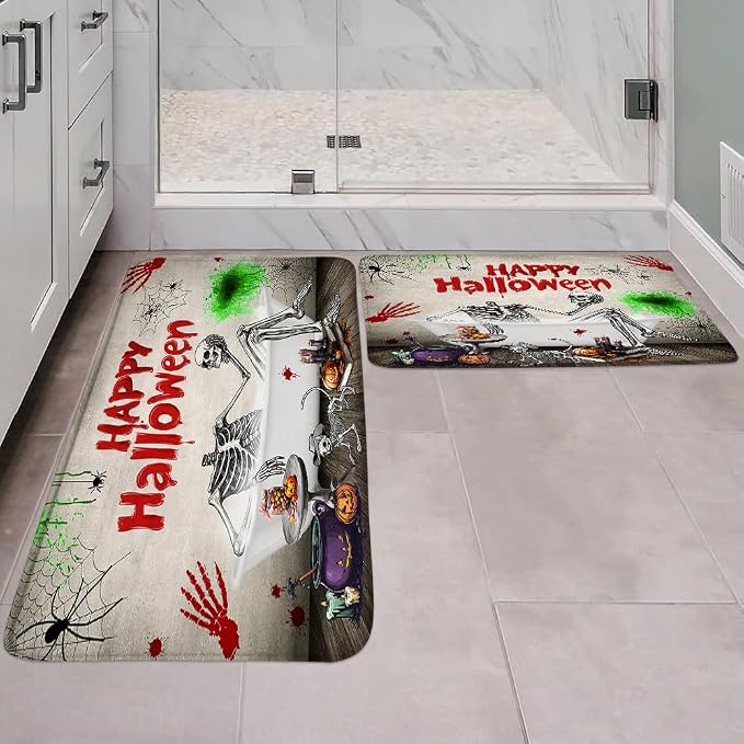 2 Piece Set Halloween Skull Skeleton Bathroom Rugs Funny Cool Fall Pumpkin Spooky Cat Spider Web Gothic Day of The Dead Bath Mat Bedroom Toilet Floor Doormat - skull toilet mat