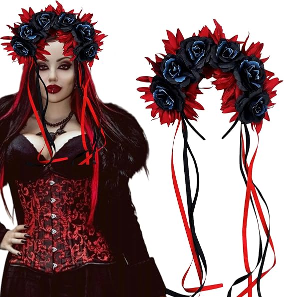 mdgfge Floral Day of the Dead Mexican Black Rose Flower Crown Festival Headband Floral Headpiece with Ribbon for Women Halloween Cosplay Masquerade Party - skull headband