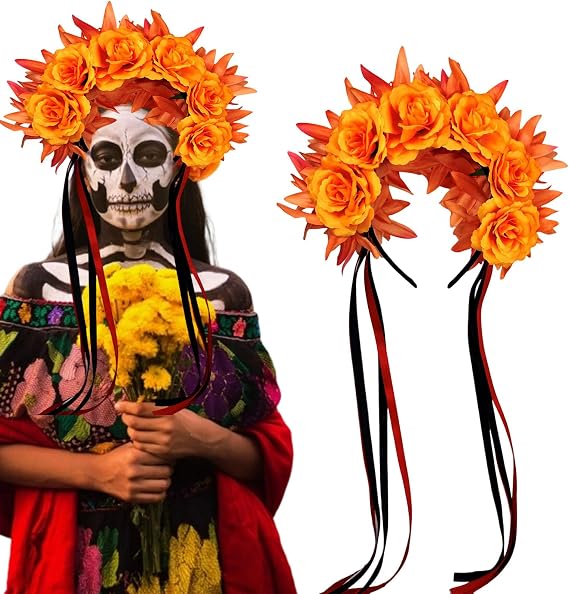 mdgfge Women's Mexican Day of the Dead Fall Headband with Orange Rose Floral Flower Crown Headpiece for Halloween Party Supplies - skull headband