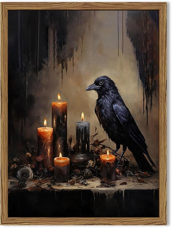 Framed Vintage Halloween Black Raven Canvas Wall Art, Gothic Dark Academia Crow Pictures Wall Decor, Spooky Moody Candlelight Paintings Prints for Living Room Bedroom Bathroom Dorm 12x16 inch - skull wall art