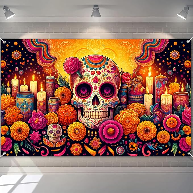 Day of the Dead Backdrop 71 x 43 Inch Sugar Skull Marigold Banner - skull carpet