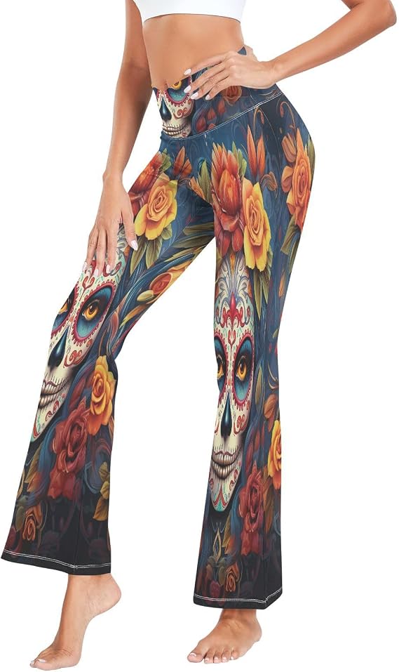 ALAZA Women's Dia Muertos Mexican Day of The Dead Girl Sugar Skull Flare Yoga Pants - skull leggings