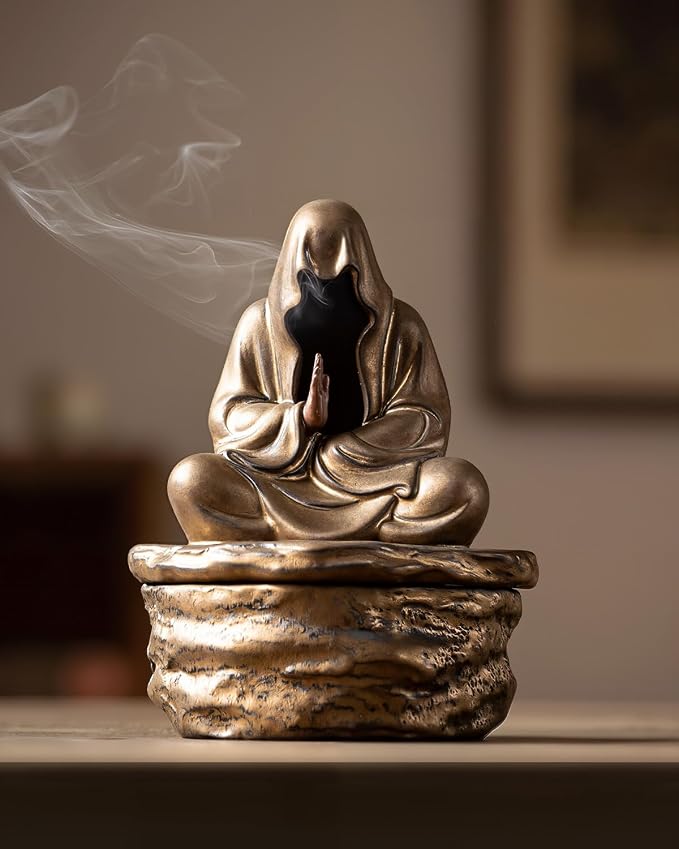 Ceramic Incense Burner for Cone & Coil – Faceless Buddha Statue for Protection, Evil Spirit Cleansing & Zen Meditation, Home Decor to Ward Off Negativity - skull incense burner