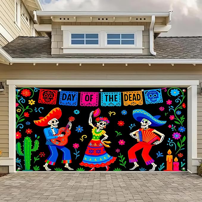 BlissYard Day of the Dead Dance Garage Door Cover 13×6 ft