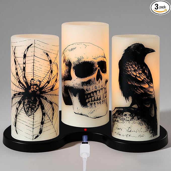 Eldnacele Rechargeable Skull Halloween Flameless Candles with Remote Timer - skull candle