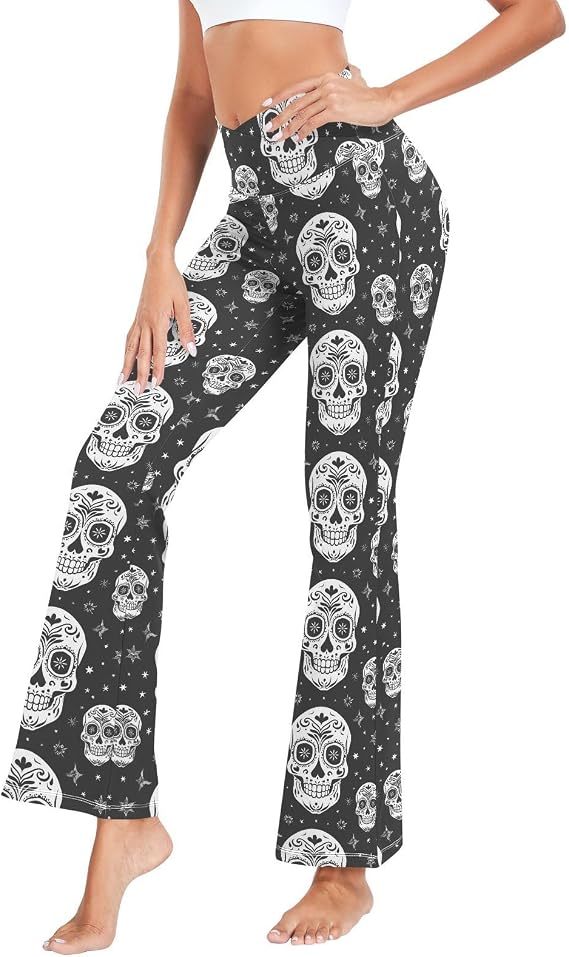 ALAZA Women's Sugar Skull The Day of Dead Black White Flare Yoga Pants - skull leggings