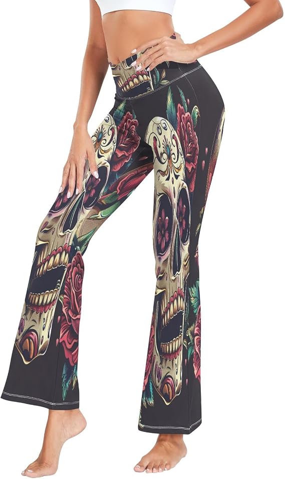 ALAZA Women's Sugar Skull and Roses Flare Yoga Pants - skull leggings