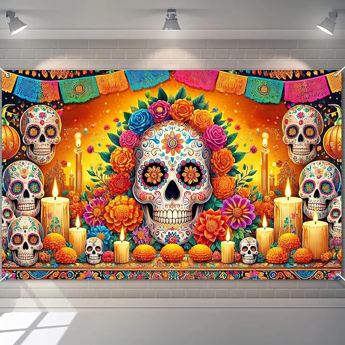 Day of the Dead Banner 71x43 Inch Sugar Skull Flowers Decorations - skull carpet