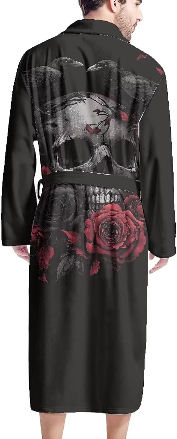 Poceacles Warm Plush Men's Bathrobes Aztec Tribe Style Pajama Shawl Robes with Tie Belt V-neck Sleepwear Nightgown - skull jacket
