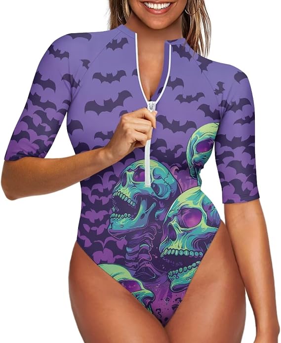 Women’s One-Piece Swimsuit with Zipper, High-Cut Elastic Bathing Suit for Swimming & Surfing Size XS-XXL - skull swimsuit