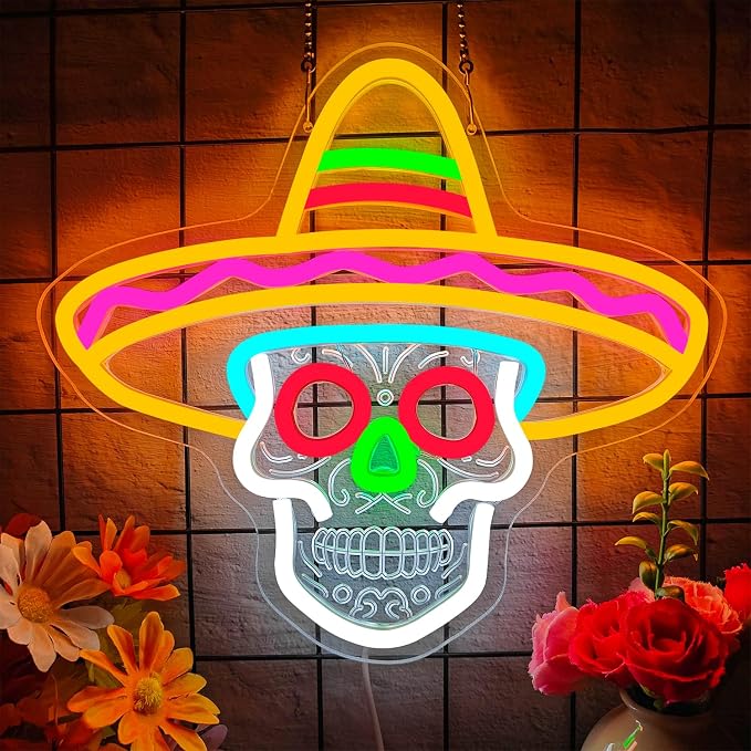 Day of the Dead Neon Sign Dimmable Mexican Sugar Skull Led Sign Calaveras Dia De Los Neon Lights Halloween Día De Muertos Light Up Signs for Ofrenda Party - skull inflatable