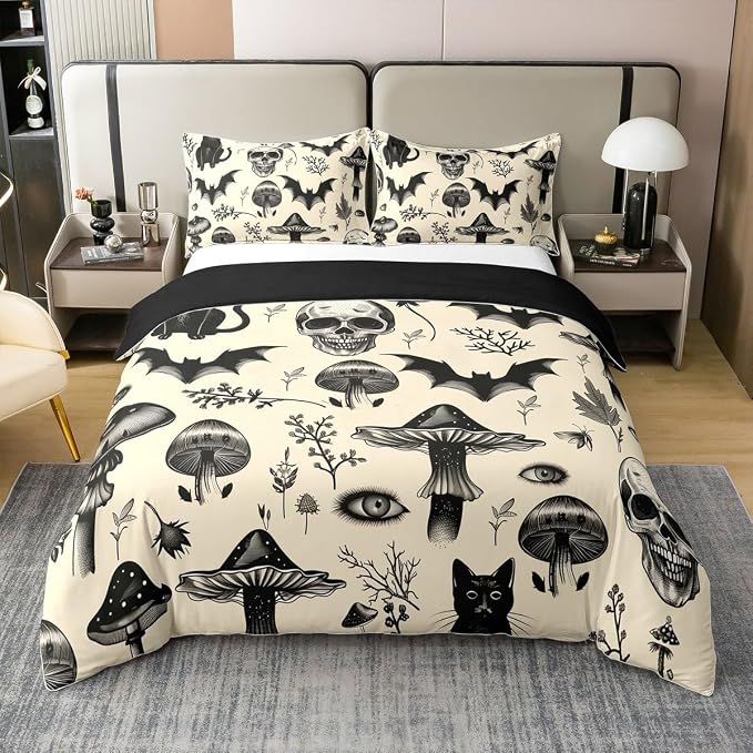 Homewish Halloween Themed 100% Cotton Duvet Cover Set Gothic Skull Mushroom Print Comforter Cover Set for Kids Bedroom Black Bat Floral Cat Beige Bedding Comforter Cover Queen Size 3pcs - skull bedding