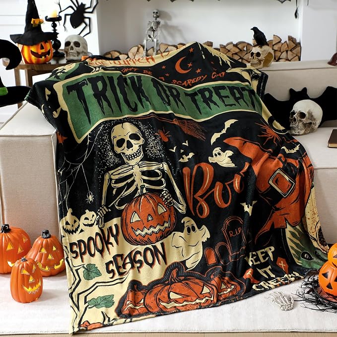 Breling Halloween Throw Blanket Vintage Skeleton Flannel 60"x50" Cozy - skull blanket
