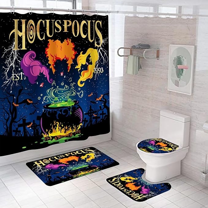 4Pcs Halloween Shower Curtain Set, Hocus Pocus Shower Curtain Set with Non-Slip Rugs, Toilet Lid Cover and Bath Mat, Halloween Hocus Pocus Bathroom Decor with Hooks 71'' x 71'' (Black) - skull toilet mat