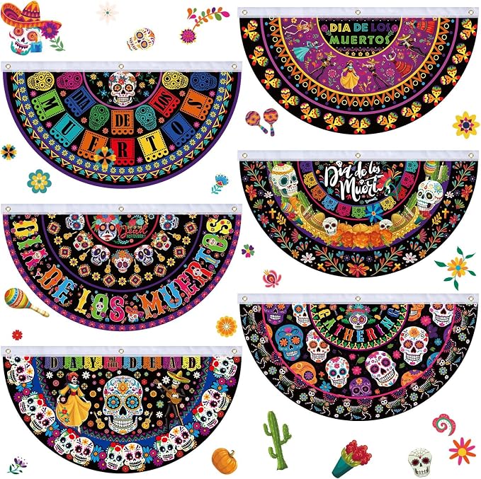 6 Pcs Day of the Dead Decorations Sugar Skull Bunting Fan Flag - skull carpet
