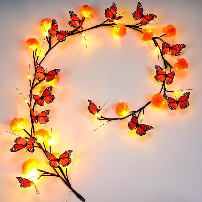 Rossesay Lighted Marigold Butterfly Garland with Light Artificial Marigold Butterfly String Light 5.91 ft 48 LED Day of the Dead Decoration Dia De Los Muertos Willow Vine Lights for Diwali Altar Grave - skull wreath