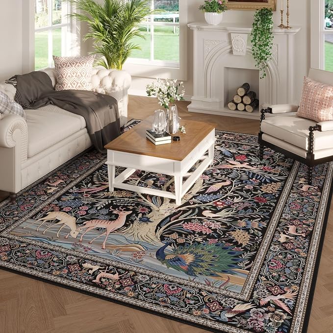 Rugcomf Area Rug 5×7 for Living Room Washable Tree of Life-Patterned, Black