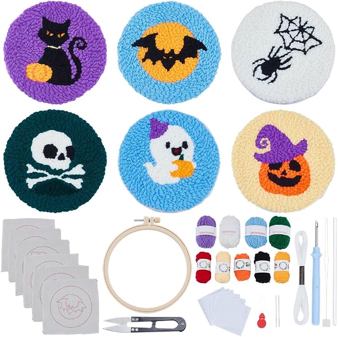 ORIGACH 6 Set Halloween Punch Needle Coasters Kit for Beginners Adult - skull coaster
