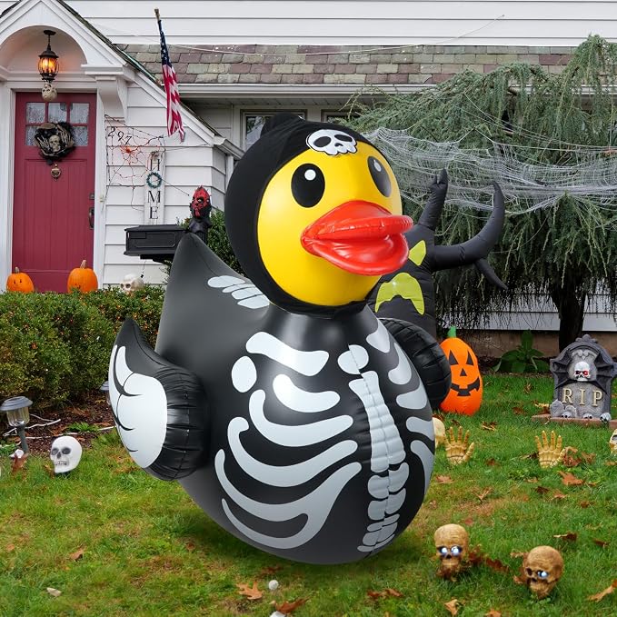 1Pcs 4.6 Feet Halloween Giant Inflatable Duck Outdoor Decorations,Huge Blow Up Yard Yellow Duck with Black Skeleton Bone Cloth Duck Pool Float for Indoor Halloween Party Garden Patio Lawn Decor - skull inflatable