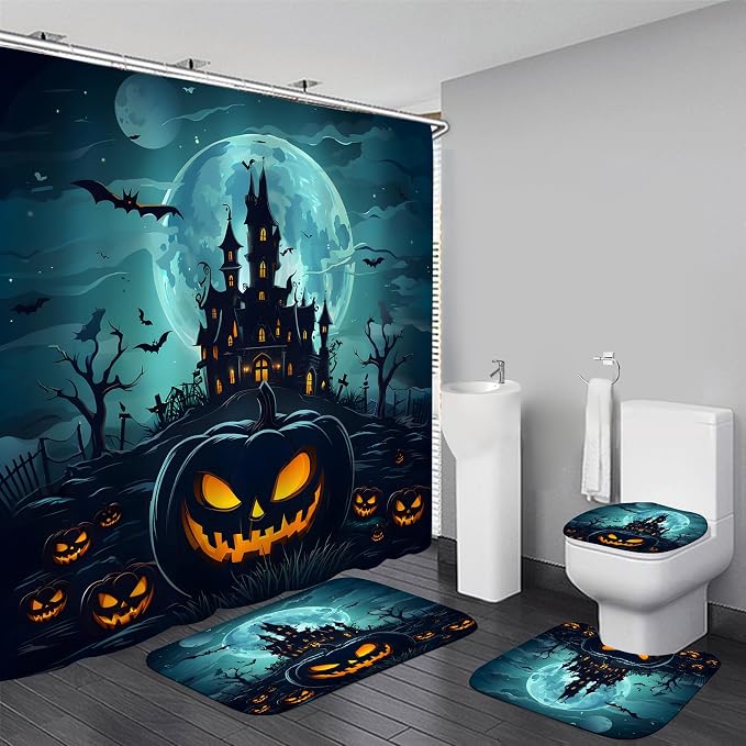4 Pcs Halloween Pumpkin Shower Curtain Set with Rugs for Bathroom