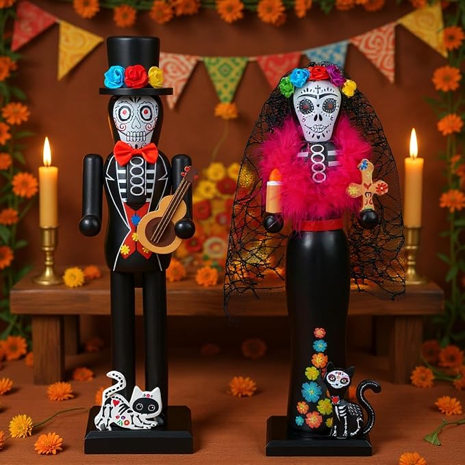 RattanView 2 Pcs 14 Inch Day of the Dead Nutcracker Sugar Skull Decor - skull figurine