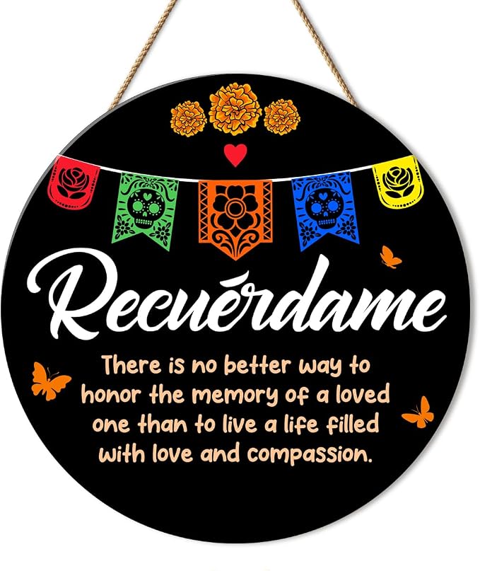 Day of the Dead Decor Sign for Home Door, Dia De Los Muertos Wall Decor Mexican Skulls Halloween Decoration Remembrance Sign, 11.8 X 11.8 inches